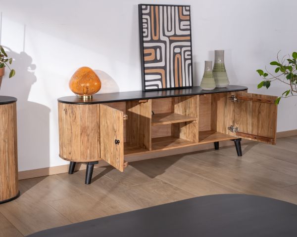 Mueble de televisión grande bicolor, en madera y negro, con diseño redondeado de estilo vintage «Boogie», 175 cm