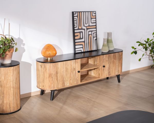 Mueble de televisión grande bicolor, en madera y negro, con diseño redondeado de estilo vintage «Boogie», 175 cm
