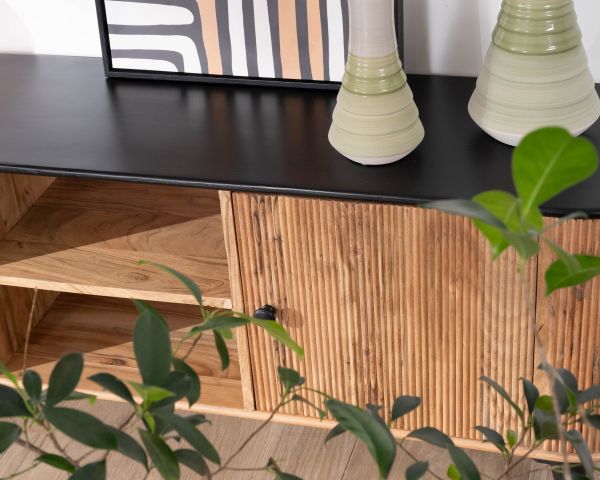Mueble de televisión grande bicolor, en madera y negro, con diseño redondeado de estilo vintage «Boogie», 175 cm