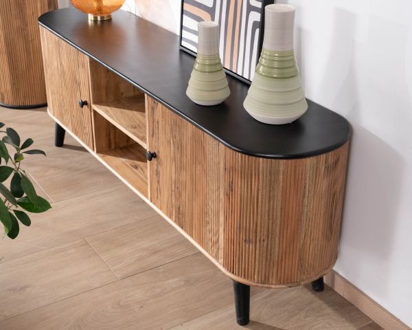 Mueble de televisión grande bicolor, en madera y negro, con diseño redondeado de estilo vintage «Boogie», 175 cm