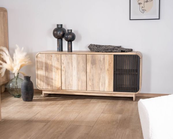 Aparador de 180 cm de madera de mango con diseño minimalista «Jappy» de estilo japandi, de 4 puertas