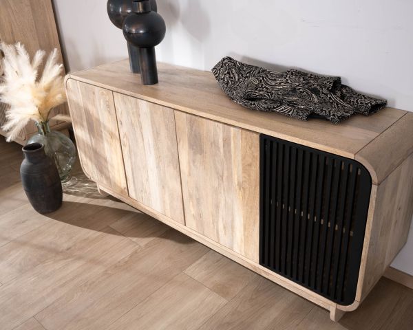 Aparador de 180 cm de madera de mango con diseño minimalista «Jappy» de estilo japandi, de 4 puertas