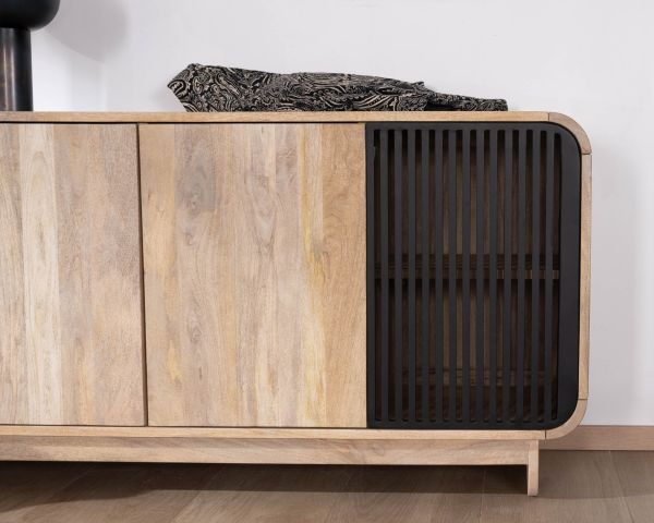 Aparador de 180 cm de madera de mango con diseño minimalista «Jappy» de estilo japandi, de 4 puertas