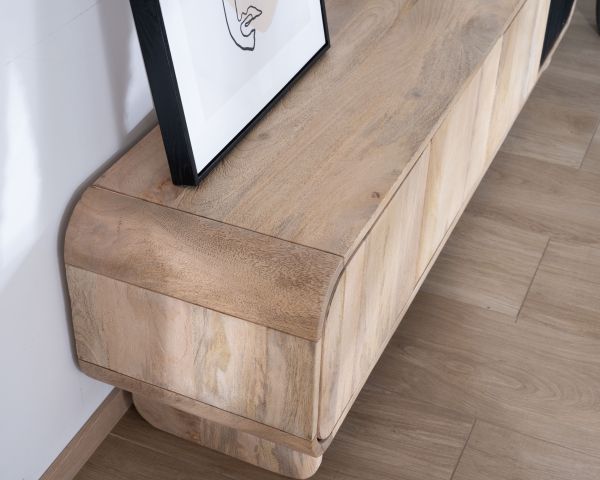 Sofá-mesita para la tele de 180 cm con 4 puertas, de madera de mango, con puerta decorativa negra «Jappy»