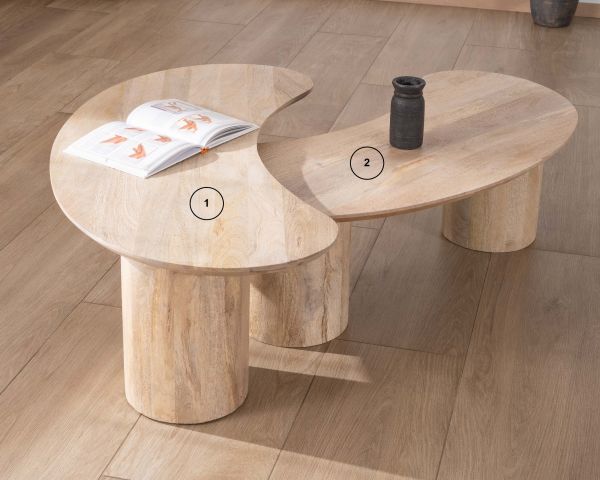 Juego de dos mesitas bajas de diseño minimalista en madera de mango «Jappy», con forma de alubia
