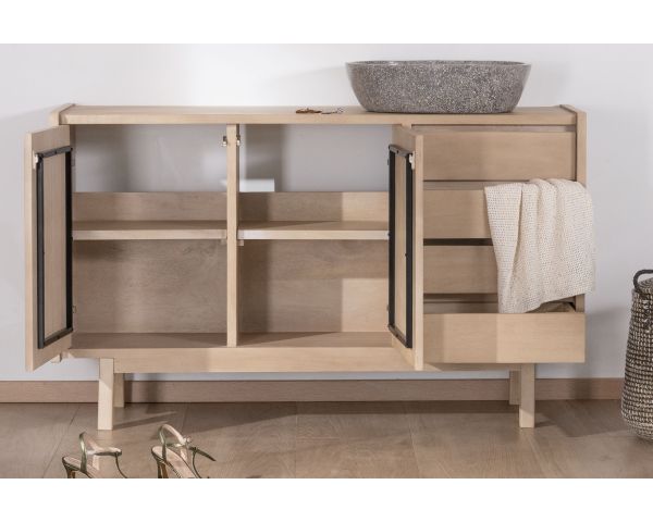 Mueble bajo lavabo de 140 cm en madera de mango blanqueada con puertas y cajones «Kahiko»