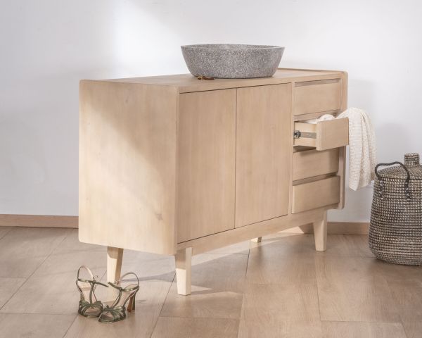 Mueble bajo lavabo de 140 cm en madera de mango blanqueada con puertas y cajones «Kahiko»