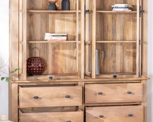 Aparador de madera maciza de mango de 170 cm con puertas acristaladas y cajones «Santa»