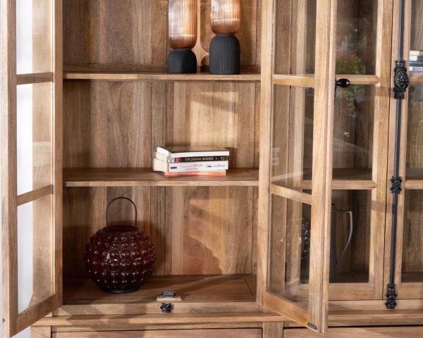 Aparador de madera maciza de mango de 170 cm con puertas acristaladas y cajones «Santa»