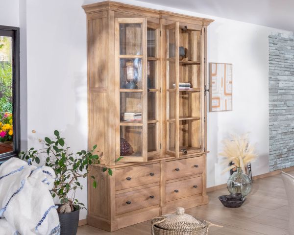 Aparador de madera maciza de mango de 170 cm con puertas acristaladas y cajones «Santa»