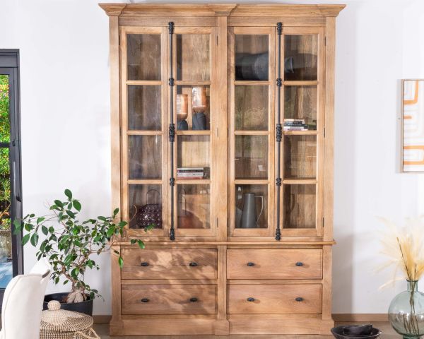 Aparador de madera maciza de mango de 170 cm con puertas acristaladas y cajones «Santa»