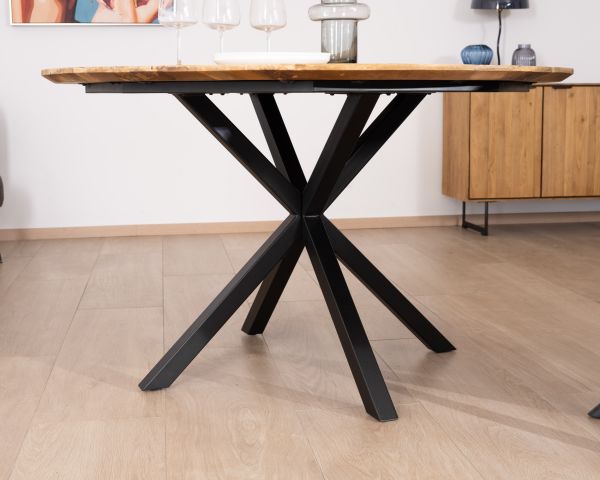 Mesa de comedor redonda de teca reciclada con patas «Bahia» de estilo Mikado, 130 cm
