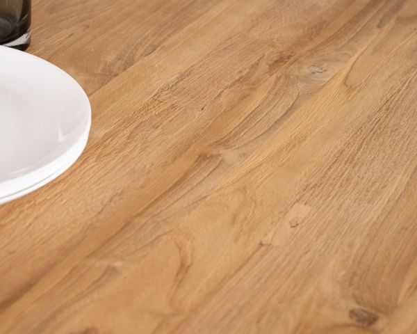 Mesa de comedor redonda de teca reciclada con patas «Bahia» de estilo Mikado, 130 cm