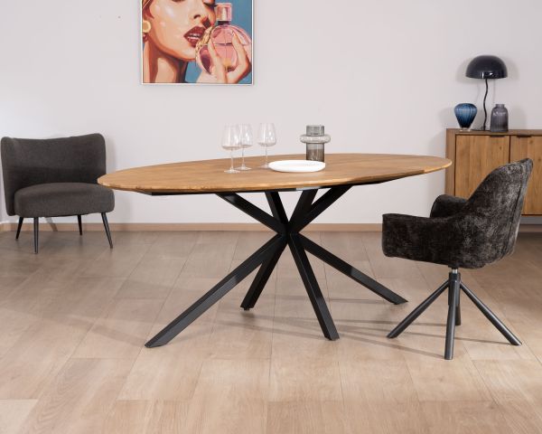 Mesa de comedor ovalada de teca natural «Bahia» con patas de metal Mikado