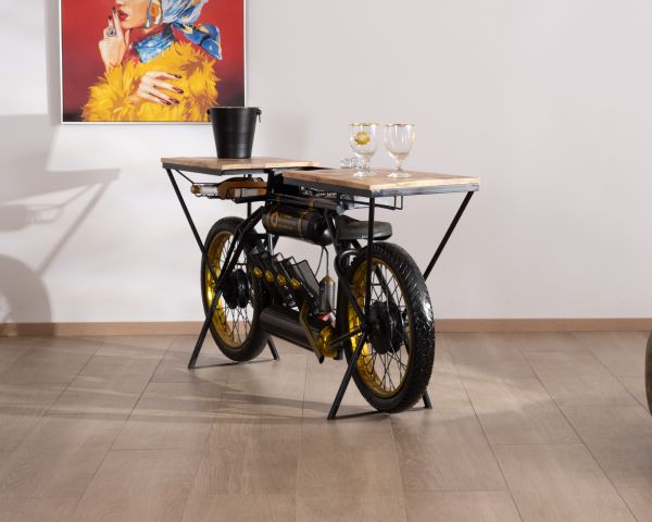 Consola vintage para moto muy original, de madera y metal negro, «Crazy»