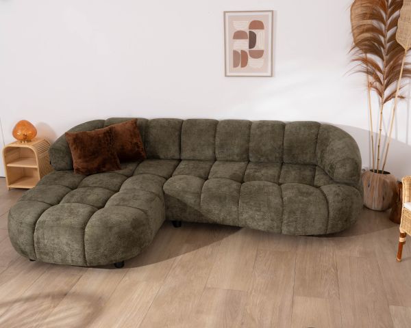 Sofá de tela verde con extensión eléctrica y chaise longue a la izquierda «Syltan»