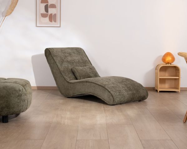 Tumbona de diseño para interior en tejido chenilla verde oscuro «Syltan»
