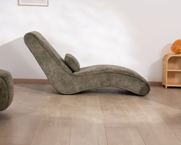Tumbona de diseño para interior en tejido chenilla verde oscuro «Syltan»