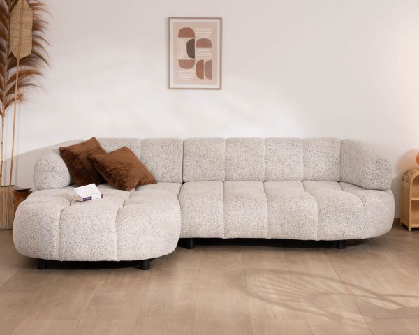 Sofá con extensión eléctrica y chaise longue «Syltan», en tejido de trama color blanco roto, ultracómodo