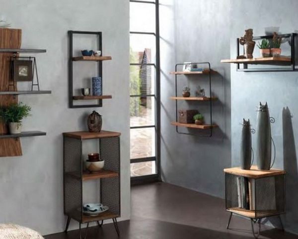 Estantería de pared de 2 baldas, de teca natural reciclada y metal «Ulva»