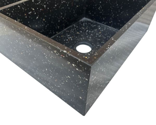 Fregadero grande de terrazo negro para encastrar, con dos cubetas