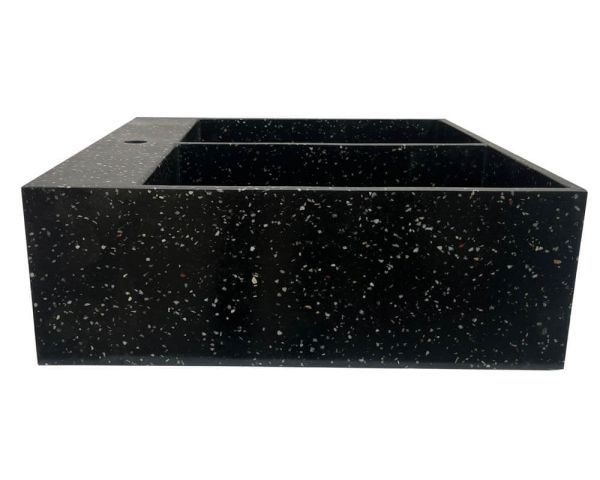 Fregadero grande de terrazo negro para encastrar, con dos cubetas