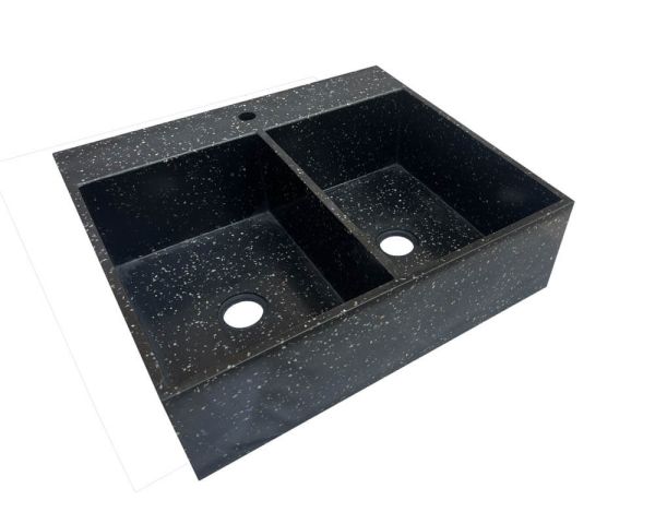 Fregadero grande de terrazo negro para encastrar, con dos cubetas
