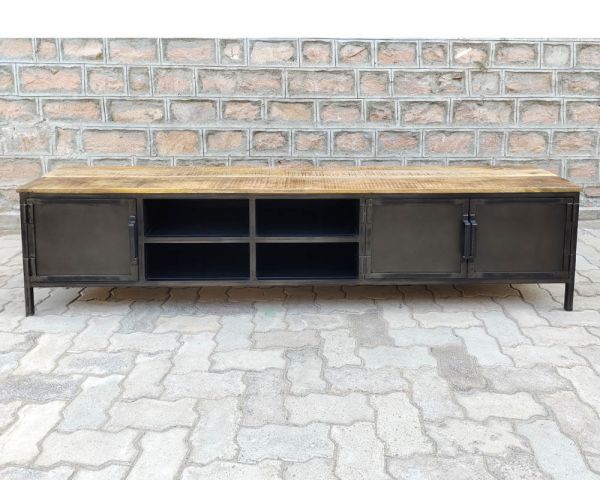 Mueble para la tele negro de metal y madera «Dowtoun», estilo taller, 220 cm