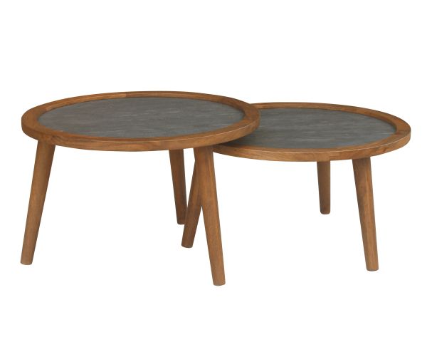 Duo de tables basses esprit rétro "Netty" plateaux placage pierre