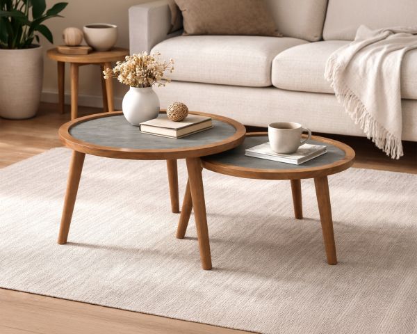 Duo de tables basses esprit rétro "Netty" plateaux placage pierre