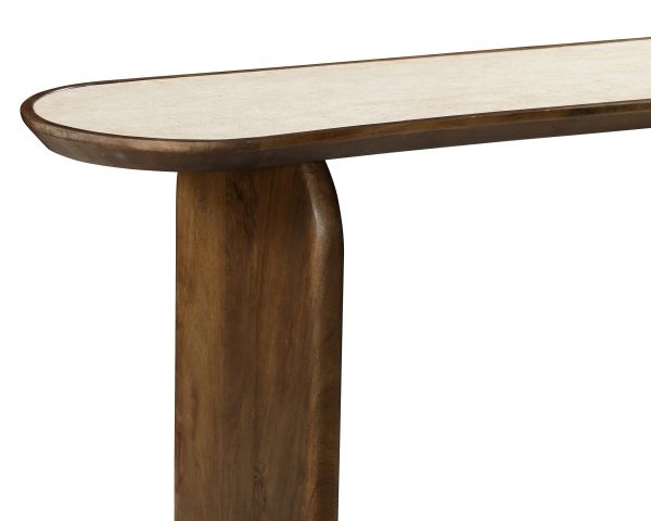 Console en bois foncé design organique "Netty" avec plateau effet travertin