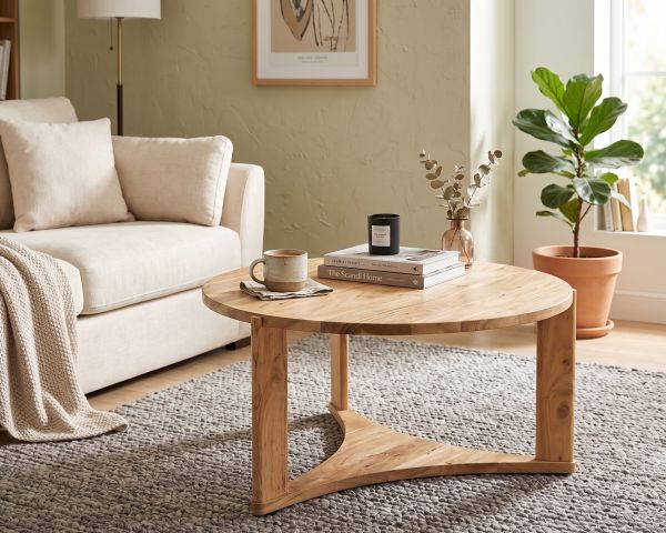 Mesa de salón redonda de diseño minimalista «Trudy», de madera maciza de acacia