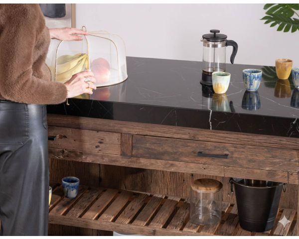  Tabla de cocina de teca reciclada con superficie de mármol negro «Grana»