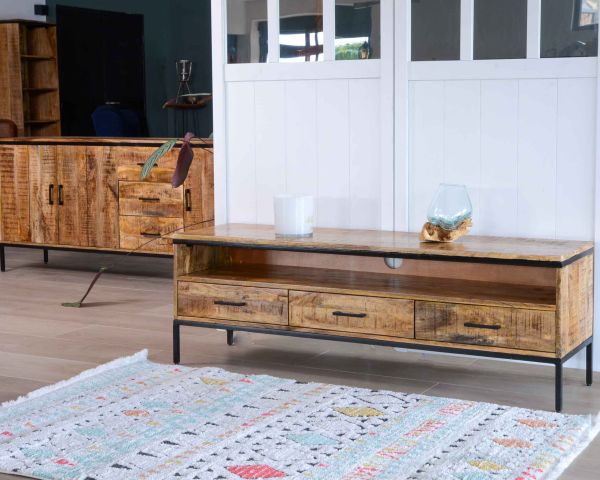 Mueble para la tele de estilo minimalista, en madera maciza de mango y metal «Mango» 