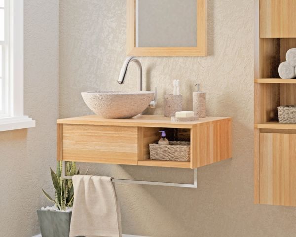 Mueble suspendido para lavabo de teca con toallero de 80 cm «Tika»