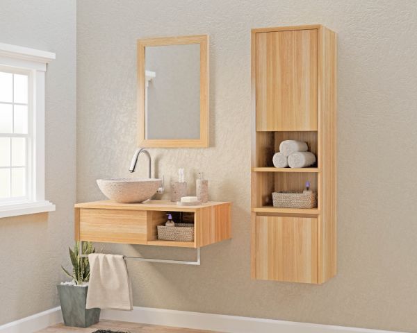 Mueble suspendido para lavabo de teca con toallero de 80 cm «Tika»