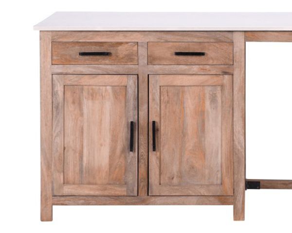 Isla central de madera y cuarzo blanco con zona de comedor «Grand Chef»