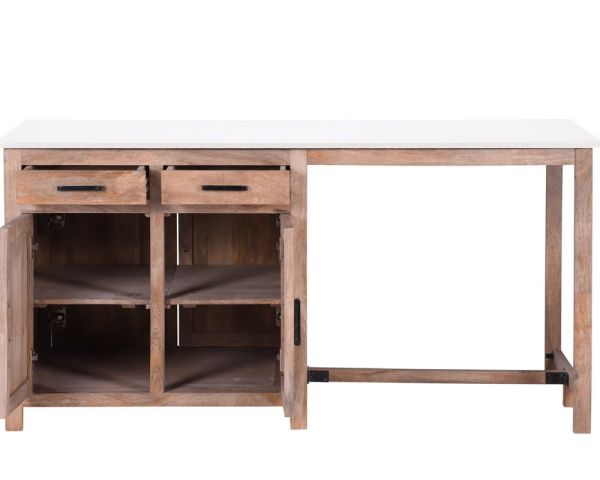 Isla central de madera y cuarzo blanco con zona de comedor «Grand Chef»