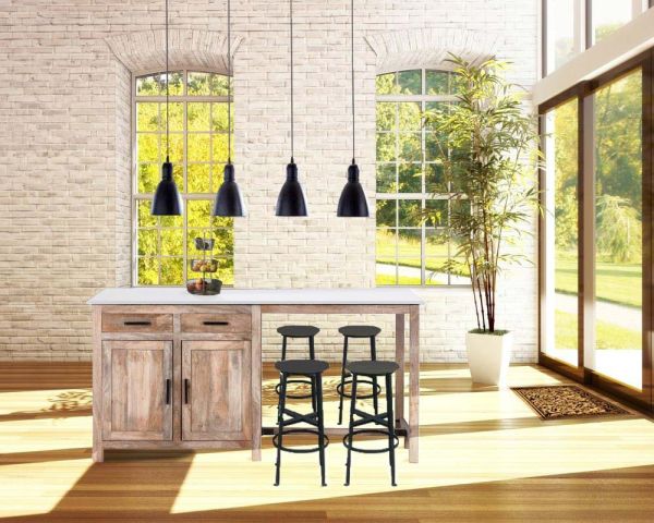 Isla central de madera y cuarzo blanco con zona de comedor «Grand Chef»