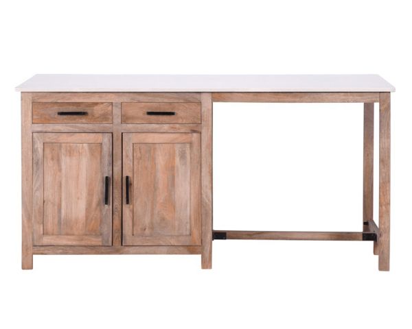 Isla central de madera y cuarzo blanco con zona de comedor «Grand Chef»