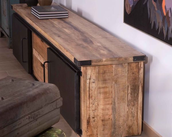 Mueble de televisión grande «Caractère», 200 cm, 2 puertas y 2 cajones de metal y madera