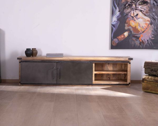 Mueble de televisión grande «Caractère», 200 cm, 2 puertas y 2 cajones de metal y madera