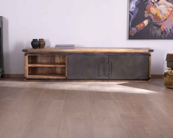 Mueble de televisión grande «Caractère», 200 cm, 2 puertas y 2 cajones de metal y madera