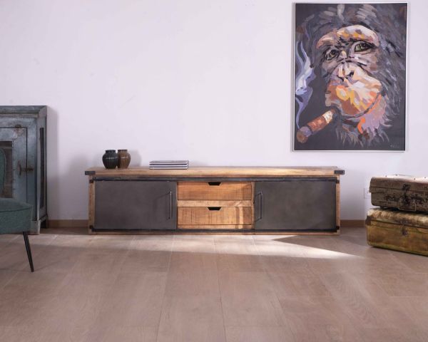 Mueble de televisión grande «Caractère», 200 cm, 2 puertas y 2 cajones de metal y madera