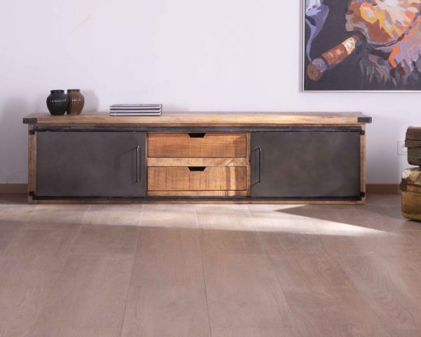 Mueble de televisión grande «Caractère», 200 cm, 2 puertas y 2 cajones de metal y madera