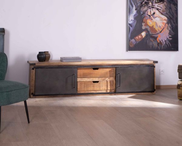 Mueble de televisión grande «Caractère», 200 cm, 2 puertas y 2 cajones de metal y madera