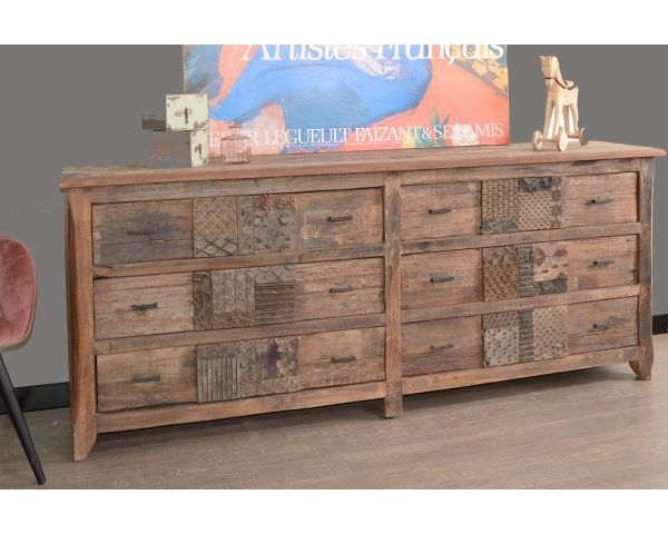 Cómoda baja de estilo boticario de 195 cm «nepalí», de madera reciclada, con 6 cajones