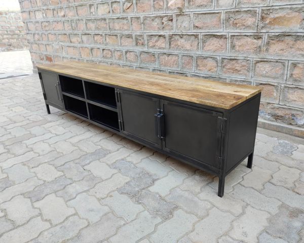 Mueble para la tele negro de metal y madera «Dowtoun», estilo taller, 220 cm