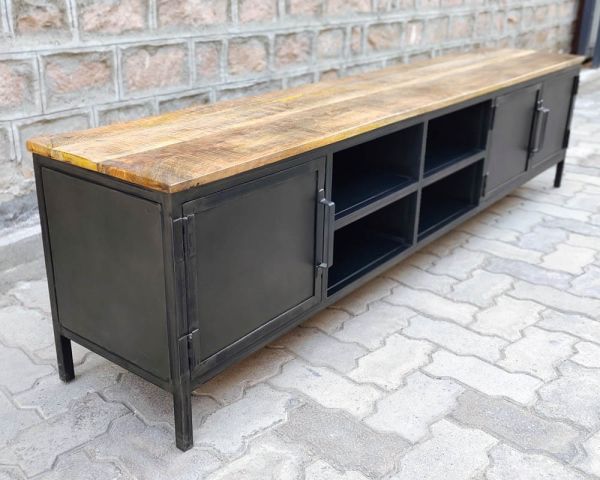 Mueble para la tele negro de metal y madera «Dowtoun», estilo taller, 220 cm