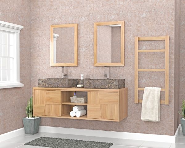 Mueble bajo lavabo suspendido de teca con puertas correderas de 140 cm «Tao»
